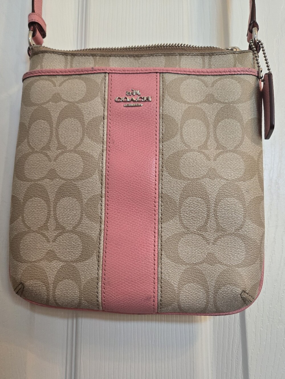 Coach F52856 PVC Leather North South Crossbody Stripe Swingpack Light Khaki/Pink